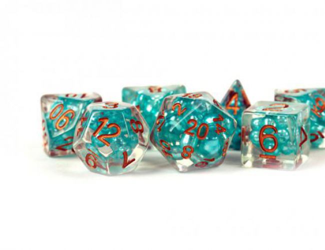 RESIN 16MM 7 DICE SET PEARL TEAL W/ COPPER NUMBERS