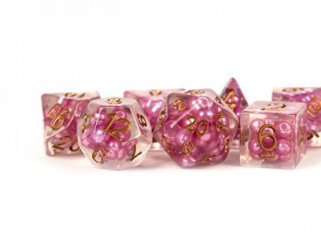 RESIN 16MM 7 DICE SET PEARL PINK W/ COPPER