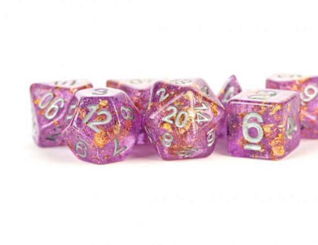 RESIN 16MM 7 DICE SET PURPLE FOIL