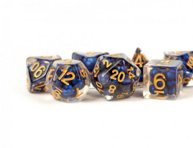 RESIN 16MM 7 DICE SET PEARL ROYAL BLUE W/ COPPER NUMBERS