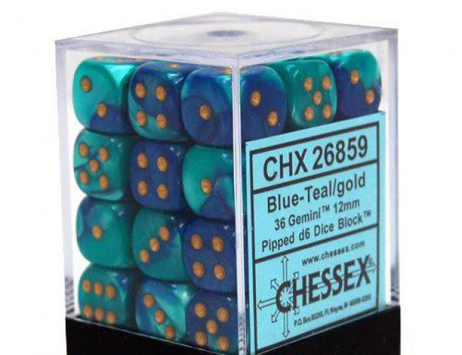 CHX DICE BLOCK 26859 - GEMINI BLUE TEAL/GOLD (36d6 12mm)