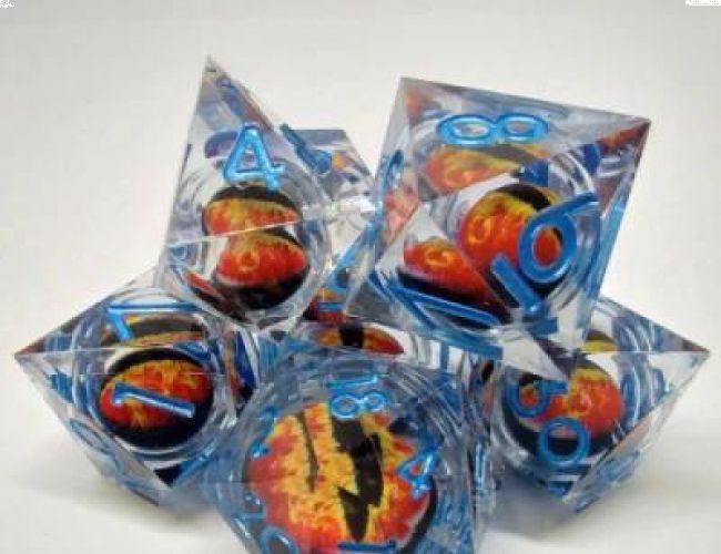 DRAGON EYE DICE KIT - TRANSLUCENT BLUE WITH RED DRAGON EYE in a bottle with screw cap