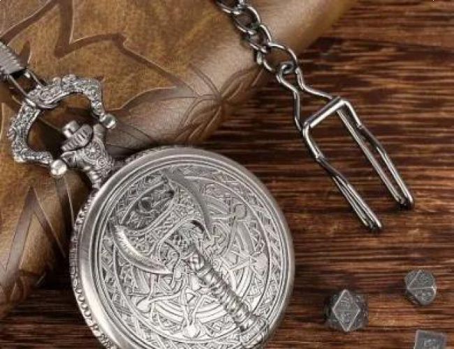 METAL POCKET DICE CASE WITH POLYHEDRAL MINI METAL DICE - GOLD BATTLE AXE IN A BLACK SUEDECLOTH BAG