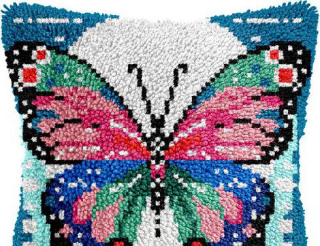 LATCH HOOK DIY THROW PILLOW COVER - BLUE BUTTERFLY