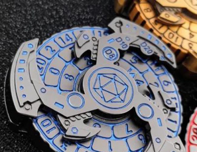 METAL DICE SPINNER - MECHA TRISKELION - STEEL WITH BLUE IN A BOX