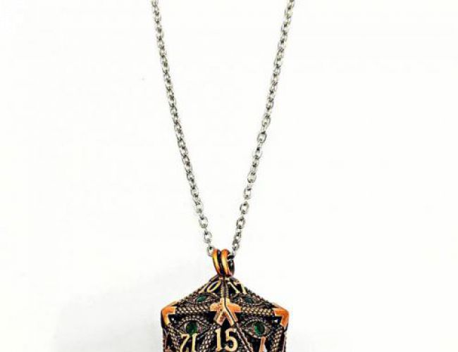 NECKLACE D20 - HYPNOTIC EYE - BRONZE WITH GREEN EYE & MINI KIT OF 6mm POLYHEDRAL DICE