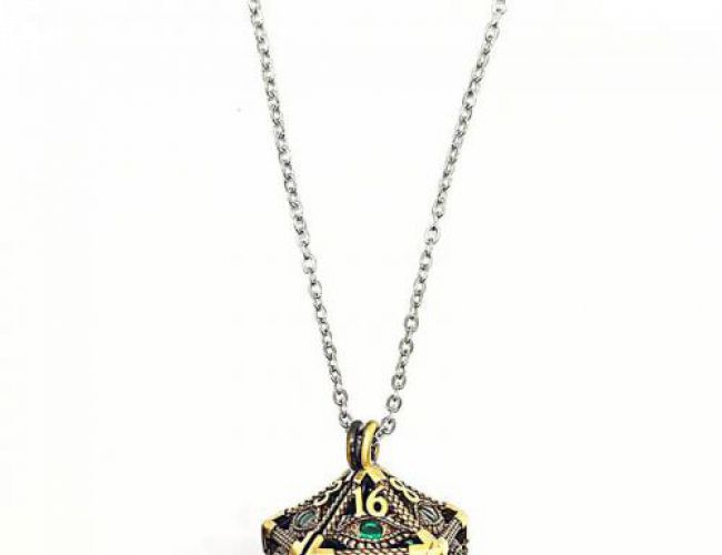 NECKLACE D20 - HYPNOTIC EYE - GOLD WITH GREEN EYE & MINI KIT OF 6mm POLYHEDRAL DICE