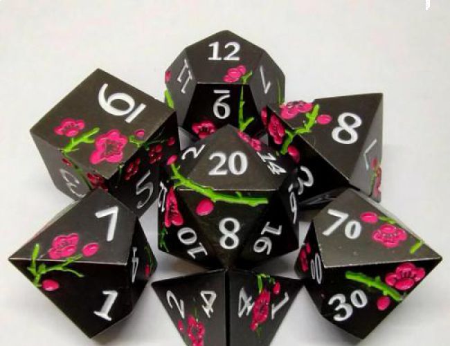 PLUM BLOSSOM METAL DICE KIT - BLACK WITH PINK BLOSSOMS IN METAL BOX
