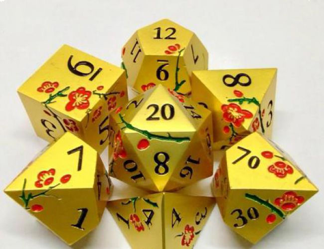 PLUM BLOSSOM METAL DICE KIT - GOLD WITH RED BLOSSOMS IN METAL BOX