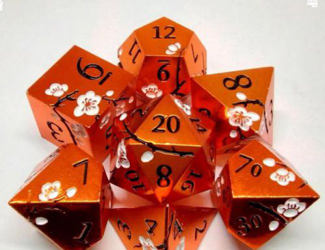 PLUM BLOSSOM METAL DICE KIT - ORANGE WITH WHITE BLOSSOMS IN METAL BOX