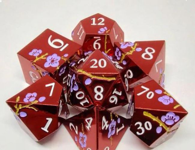 PLUM BLOSSOM METAL DICE KIT - RED WITH VIOLET BLOSSOMS IN METAL BOX