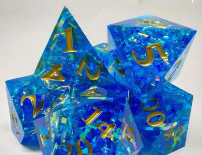 SHARP EDGE DICE SET - PRISMATIC TINSEL  - BLUE IN BOTTLE