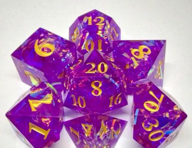 SHARP EDGE DICE SET - PRISMATIC TINSEL  - PURPLE IN BOTTLE