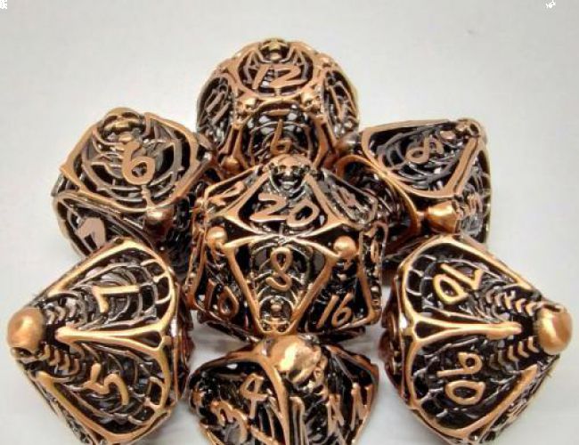 SKELETON HORROR HOLLOW METAL DICE KIT -  AGED COPPER WITH METAL BOX