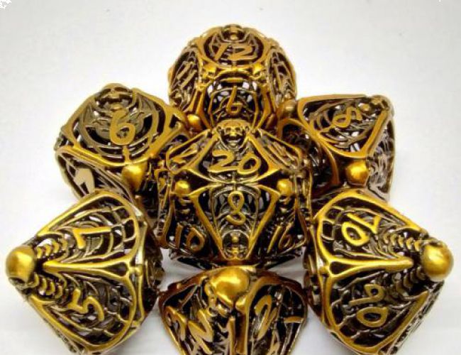 SKELETON HORROR HOLLOW METAL DICE KIT -  AGED GOLD WITH METAL BOX