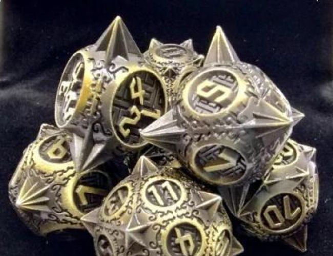SPIKY METAL DICE SET - ANCIENT GOLD WITH BLACK SUEDECLOTH BAG