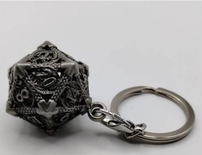 D20 KEYCHAIN WITH MINI METAL DICE SET - DRAGON RAMPAGE ANCIENT SILVER