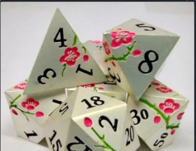 PLUM BLOSSOM METAL DICE KIT - SILVER WITH PINK BLOSSOMS IN METAL BOX