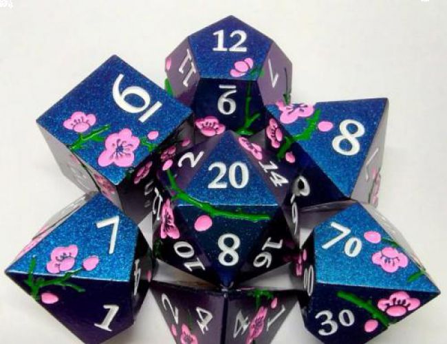 METAL DICE SET - BLUE WITH PINK PLUM BLOSSOMS (IN METAL BOX)