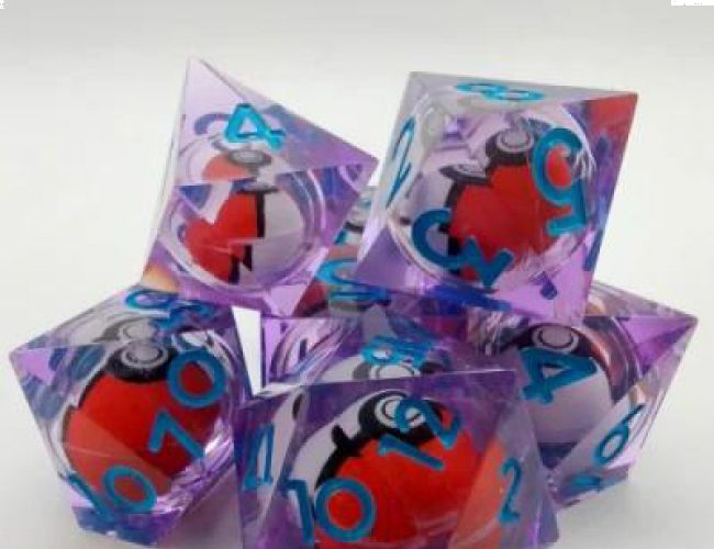 POKE-BALL DICE KIT - PURPLE WITH BLUE NUMBERS (IN BOTTLE)