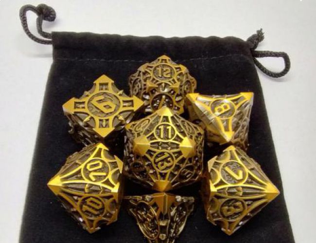 METAL DICE SET - SPIKY ANCIENT GOLD (WITH BLACK SUEDECLOTH BAG)